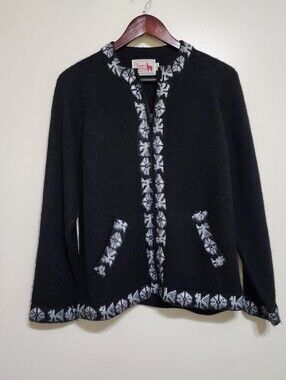 Alpaca Wool Sweater Cardigan Black White Peru Alpaca Connection Vintage S. Med